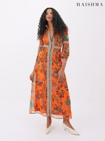 Raishma Orange Aspen High Neck Long Sleeve Classic Fit Floral Dress (F53610) | € 289