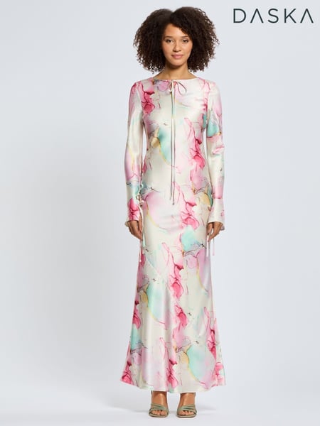 Daska Pink Sali Maxi Dress With Long Sleeves And Neck Tie Details (F53637) | € 156