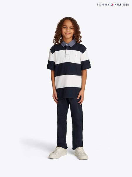 Tommy Hilfiger Blue Denim Collar Stripe Short Sleeve 100% Cotton Polo Shirt (F55337) | € 70 - € 86