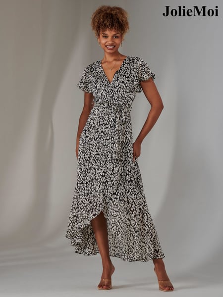 Jolie Moi Black Chiffon Print Frill Dip Hem Maxi Dress (F56467) | € 117