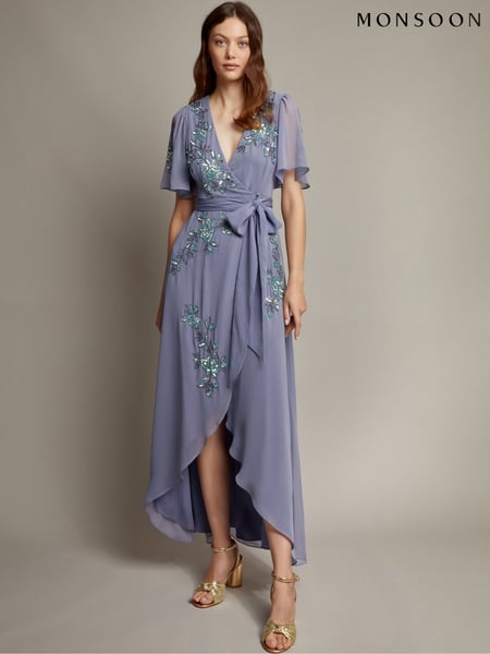Monsoon Blue Sarah Floral Print Embellished Maxi Wrap Dress (F57926) | € 234