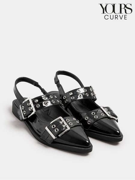 Yours Curve Black Wide Fit Flat Point Buckle Patent Shoes (F58264) | € 58