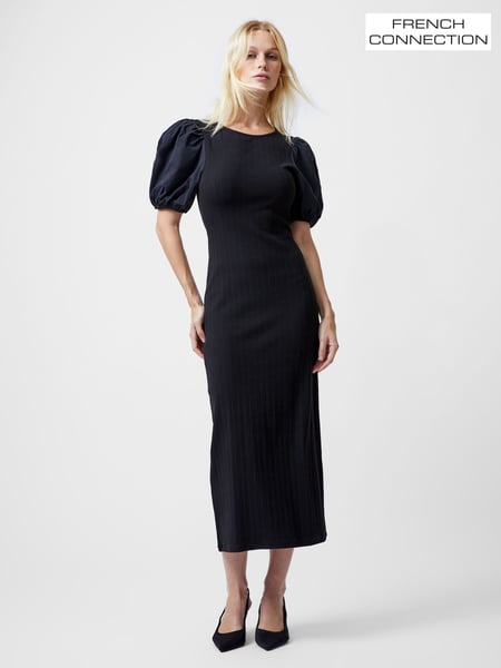 French Connection Black Sasia Rib Puff Midi Dress (F58992) | € 89