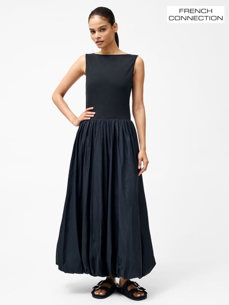 French Connection Black 100% Cotton Phoebe Jersey Mix Bubble Hem Midi Dress (F59014) | € 150