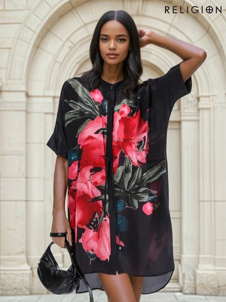 Religion Red Jade Tunic Dress With Large Pink Floral Placement Print (F59726) | € 148