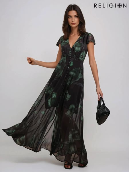 Religion Black Indium Maxi Dress With Button Thru Detail And Cap Sleeves (F59738) | € 200