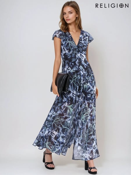 Religion Blue Indium Maxi Dress With Button Thru Detail And Cap Sleeves (F59739) | € 200