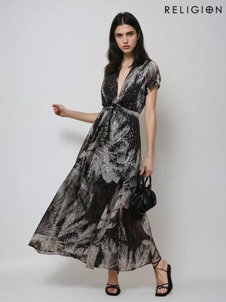 Religion Black Palm Maxi 2 Way Wrap Dress In Metallic Print (F59759) | € 164