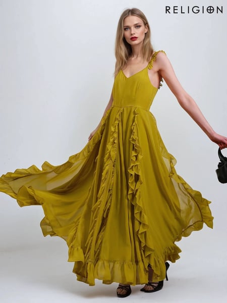 Religion Yellow Kate Maxi Dress With Frills And Spaghetti Straps (F59769) | € 172
