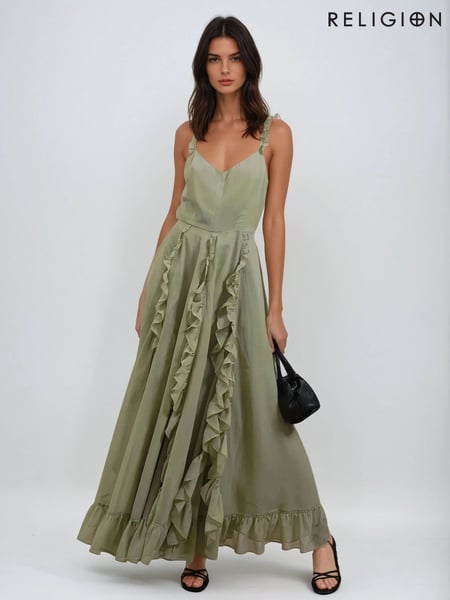 Religion Green Kate Maxi Dress With Frills And Spaghetti Straps (F59797) | € 172