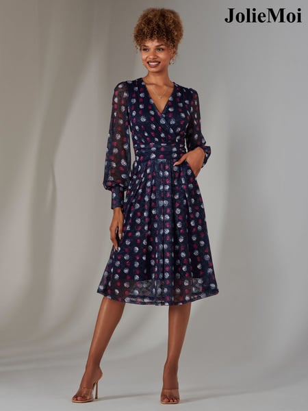 Jolie Moi Blue Dark Long Sleeve Lace Print Midi Dress (F60742) | € 122