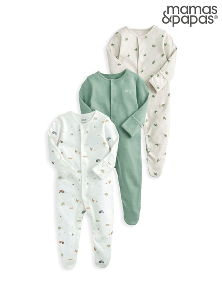 Mamas & Papas Green 100% Cotton Farmyard Sleepsuits 3 Pack (F61674) | € 34