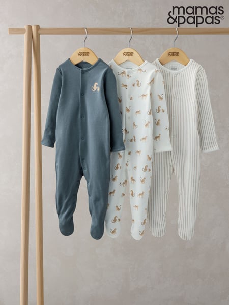 Mamas & Papas Blue 100% Cotton Leopard Print Sleepsuits 3 Pack (F61693) | € 34
