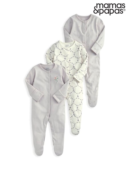 Mamas & Papas Purple 100% Cotton Trellis Print Sleepsuits 3 Pack (F61695) | € 34