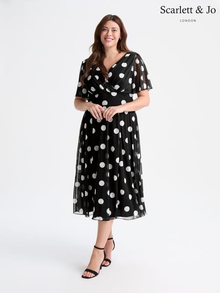 Scarlett & Jo Black Victoria Spot Print Angel Sleeve Mesh Midi Dress (F62399) | € 133