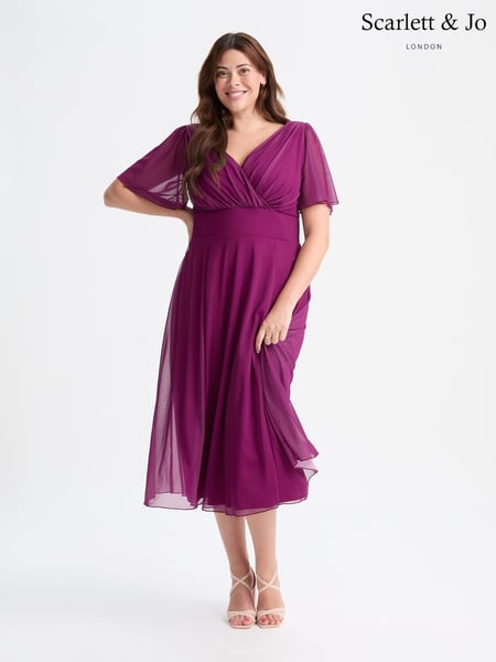 Scarlett & Jo Solid Magenta Victoria Angel Sleeve Mesh Midi Long Dress (F62406) | € 125
