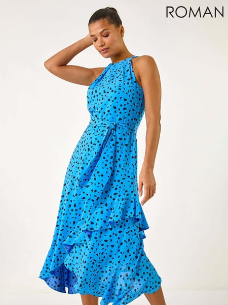 Roman Blue Spot Print Frill Hem Halter Dress (F62434) | € 106