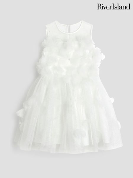 River Island White Girls 3D Floral Print Tulle Dress (F66515) | € 62