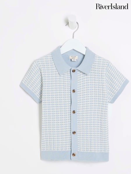 River Island Blue Boys Textured Revere Knit 100% Cotton Polo Shirt (F66518) | € 22