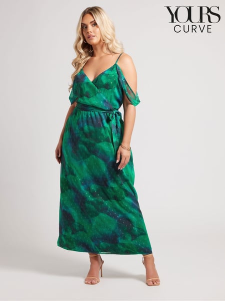 Yours Curve Green London Abstract Metallic Spot Ruffle Dress (F66963) | € 109