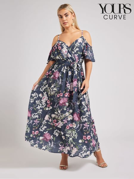 Yours Curve Blue London Floral Cold Shoulder Wrap Maxi Dress (F66977) | € 94