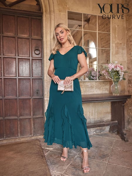 Yours Curve Green London Ruffle Godet Hem Dress (F66979) | € 98