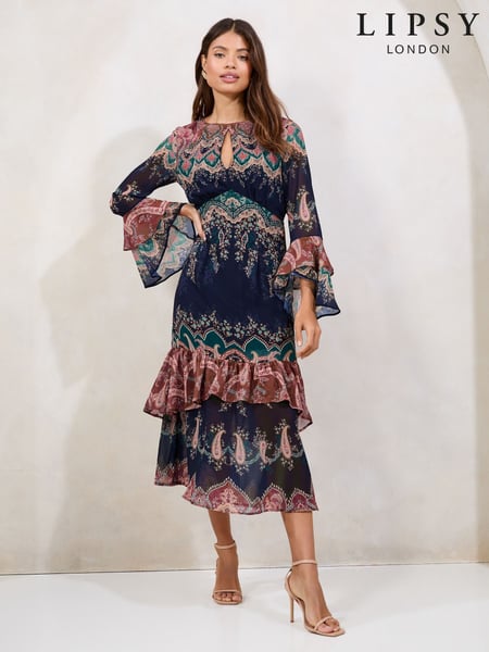 Lipsy Navy Placement Printed Flute Sleeve Ruffle Detail Midi Dress (F67044) | € 112