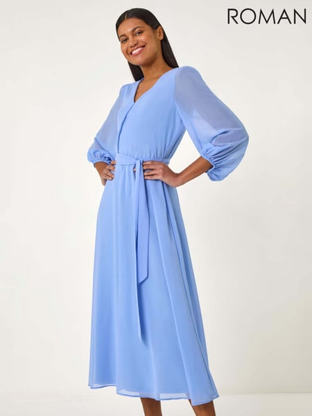 Roman Blue Chiffon V-Neck Midi Dress (F68357) | € 86