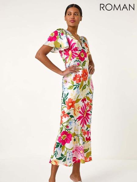 Roman White Floral Satin Midi Dress (F68400) | € 106