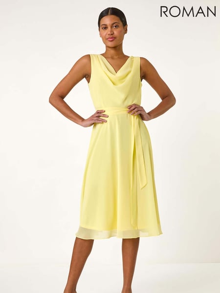 Roman Yellow Floral Print Cowl Neck Dress (F68402) | € 84