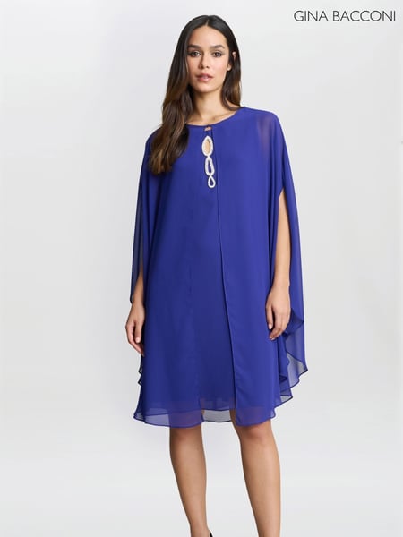 Gina Bacconi Blue Laura Chiffon Cape And Beaded Neck Dress (F68979) | € 390