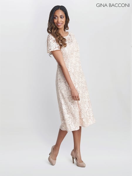 Gina Bacconi Pink Mylene Embroidered Floral A-Line Midi Dress (F68990) | € 374