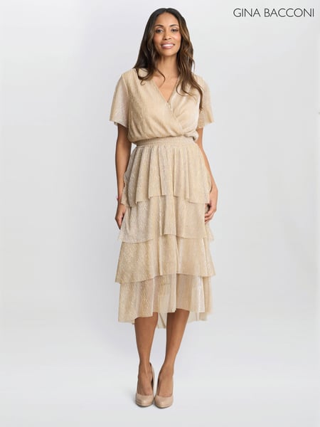 Gina Bacconi Gold Cheri Metallic Knit Tiered Dress (F68998) | € 343
