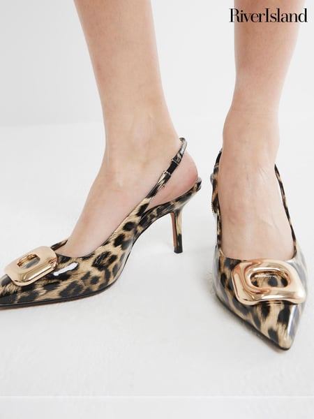 River Island Brown Leopard Print Buckle Sling Court Shoes (F69381) | € 66
