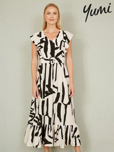 Yumi Cream Abstract Print Viscose Midi Dress With Matching Belt (F70171) | € 117