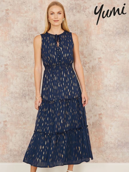 Yumi Blue Foil Print Ruched Waist Midi Dress With Tie Notch (F70189) | € 94