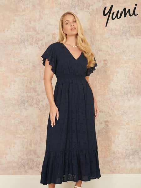Yumi Blue Cotton Broderie Anglaise Wrap Midi Dress (F70190) | € 117