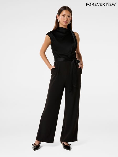 Forever New Black Sienna Satin Asymmetric Jumpsuit (F71575) | € 172
