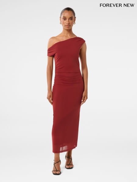 Forever New Red Anais Petite Twist Shoulder Mesh Midi Dress (F71586) | € 133