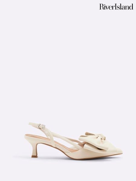 River Island Cream Brown Raffia Sling Back Bow Heeled Court Shoes (F73441) | € 59