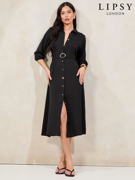 Lipsy Black 3/4 Sleeve Button Through Midi Shirt Dress (F74399) | € 75