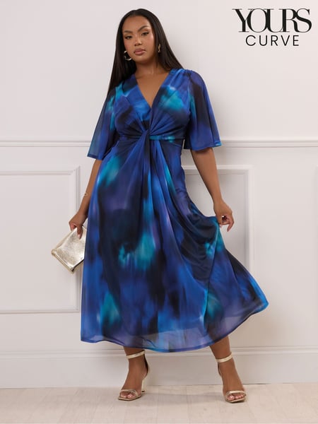 Yours Curve Blue London Knot Front Angel Sleeve Dress (F75145) | € 98