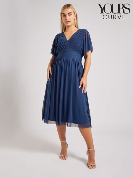 Yours Curve Blue London Pleated Gathered V-Neck Dress (F75157) | € 125