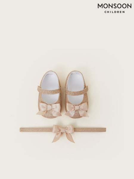 Monsoon Gold Baby Glitter Bow Booties and Headband Set (F75375) | € 25