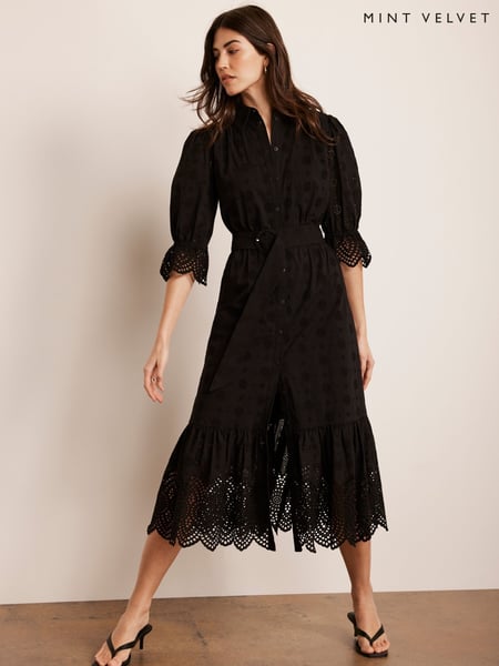 Mint Velvet Black Broderie 100% Cotton Midi Dress (F76383) | € 234