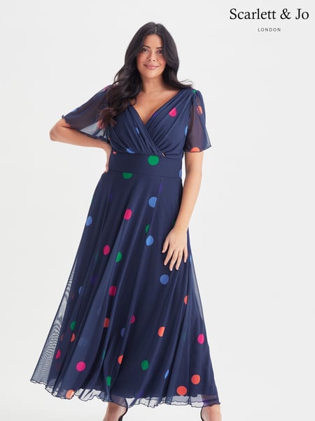 Scarlett & Jo Blue Polka Dot Curve Isabelle Angel Sleeve Maxi Dress (F77469) | € 148