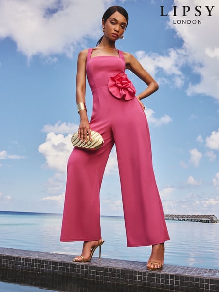 Lipsy Pink Halter Neck Floral Print Corsage Jumpsuit (F78552) | € 109