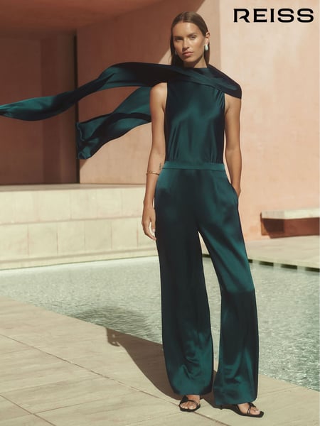 Reiss Teal Green Farah Satin Cape Sash Jumpsuit (F78992) | € 449