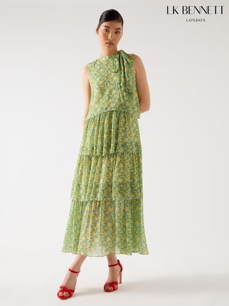 LK Bennett Yellow Kristin Italian Straw Multi Viscose Blossom Print Tiered Georgette Dress (F79083) | € 622