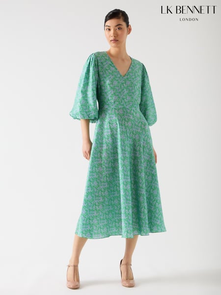 LK Bennett Green Lola Birch Viscose Blend Blossom Print Jacquard Dress With Statement Sleeve (F79087) | € 622